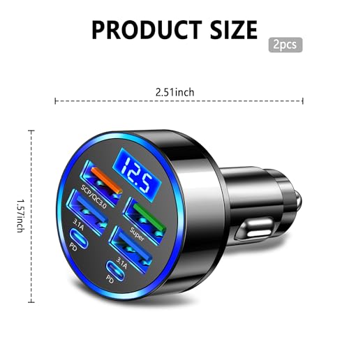 Image of 6 Ports Fast Car Charger with Voltage Monitor,Car Cigarette Lighter USB Charger (PD+QC3.0) Compatible with iphone13 /14 /15 & Most Android Models,Car Must Haves USB C Car Charger (2PCS)