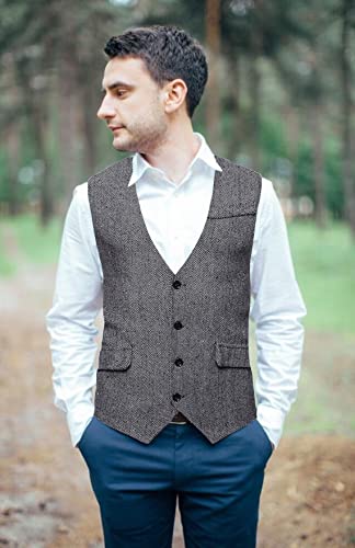Rongkim Men's Herringbone Tweed Suit Vest Business Casual Wool Blend Waistcoat Formal Dress Vest For Wedding Party (Gray, Small) #TOP3