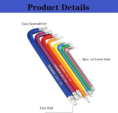 YUFANYA 9PC Torx Key Set,Star Hex Key Set,Torx Allen Key Set including Multi Colour Coded,Sizes T10-T50,Allen Wrench Set for Bicycle Repair,Furniture Assembly,Appliance Repair,Household DIY - Image 3