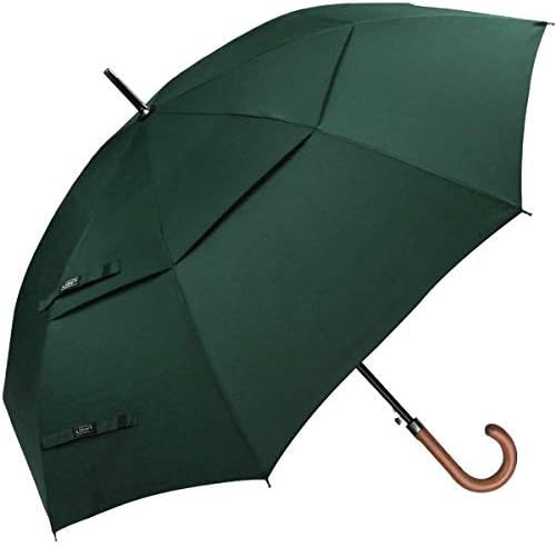 G4Free Wooden J Handle Classic Golf Umbrella Windproof Auto Open 52 inch Large Oversized Double Canopy Vented Rainproof Cane Stick Umbrellas for Men Women (Dark Green)