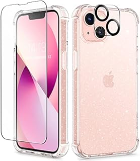 GVIEWIN Compatible with iPhone 13 Case 6.1 Inch 2021, with Tempered Glass Screen Protector + Camera Lens Protector, Flower Clear TPU Slim Bumper Shockproof Protective Soft Phone Cover, Magnolia/White