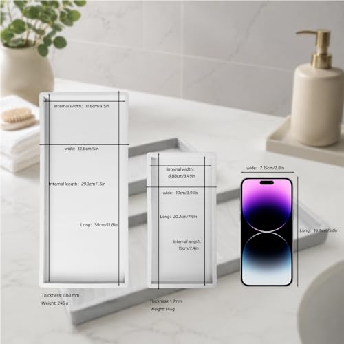 Image of BBK Bathroom Vanity Tray - 2 Pack (7.8 inch and 11.8 inch) Silicone Bathroom Trays for Counter, Perfume Key Trinket Ring Tray, Decor Soap Dispenser Countertop Tray for Kitchen Sink Organization (Marble Gray)