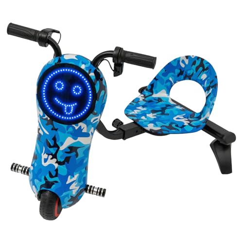 ACROSSPART Drift Trike - Patinete eléctrico infantil (180 W, con motor sin escobillas, 3 velocidades, iluminación LED, asiento ajustable, Bluetooth, azul camuflaje