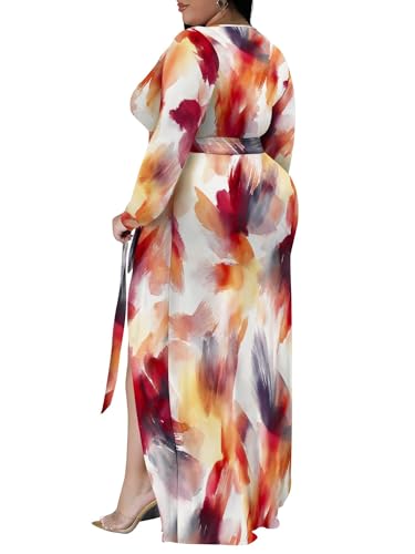 Image of PinkPatty Women's Plus Size Long Sleeve Maxi Dress Casual V Neck Slit Tie Waist Wrap Dresses for Party Cocktail