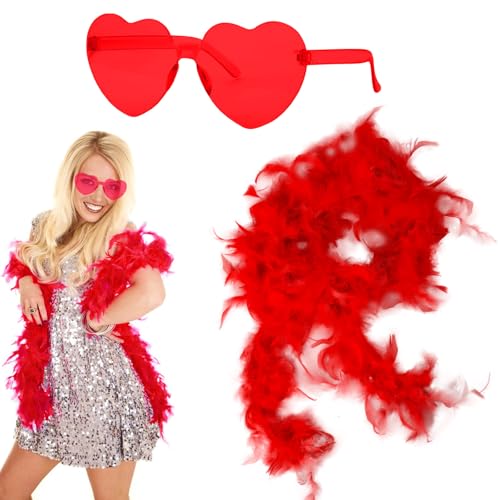 GWAWG Set di 2 boas in piuma artificiale con occhiali a forma di cuore, decorazioni artificiali per accessori da ballo, 2 m di colori disponibili (Red)