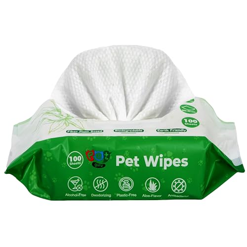 Pet Guru® Chiens et chats - Lingettes épaisses pour animaux domestiques 100 % sans plastique biodégradables, anti-bectri, désodorisantes, multi-usages, à base de fibres végétales, sans alcools (100