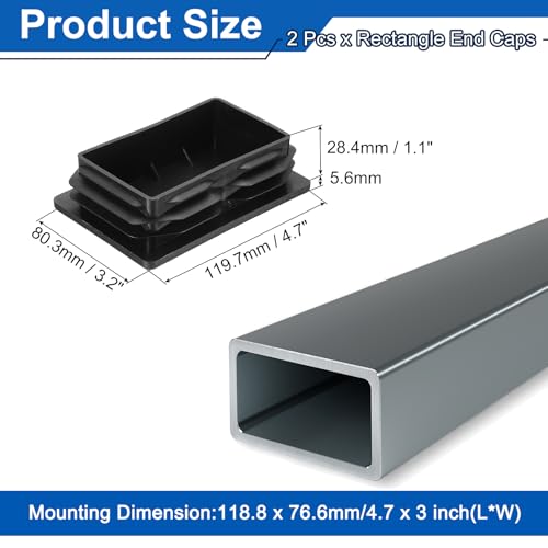 Image of uxcell 2 Pcs Rectangle Tubing End Caps 4 3 /4 x 3 5 /32 Inch Plastic Hole Plugs Insert End Cap for Metal Tubing Post Chair Leg Table Bookshelves Furniture, Black