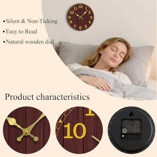Image of Wall Clock, Modern Wall Clocks Battery Operated, Silent Non Ticking Clock Decorative for Living Room, Office, Home, School 12 Inch (Brown, Gold)