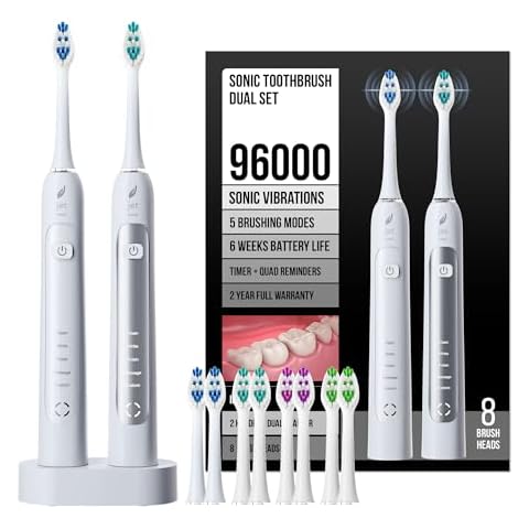 Acteh Sonic Electric Toothbrush Dual Set 5 Modes Smart Timer Long Lasting Battery 2-Toothbrush Handle Set (White) Cover