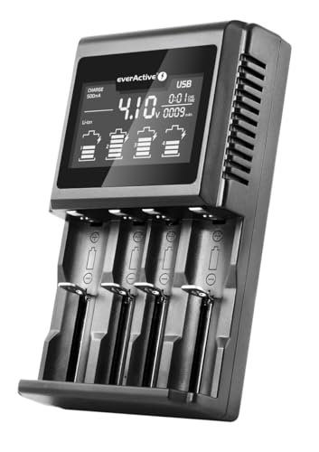 everActive Ladegerät für 4 Akkus 18650 AAA AA C D, professionell und schnell, große LCD-Anzeige, Kapazitätstest, Modell: UC-4000, schwarz, EVUC4000