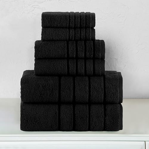 Image of Elegant Comfort 4 Lines Viscose Stripe 6-Piece Premium Towel Set - 100% Turkish Cotton High Absorbent Luxury Bathroom Towels - Includes 2 Washcloths, 2 Hand Towels and 2 Bath Towels Set, Black