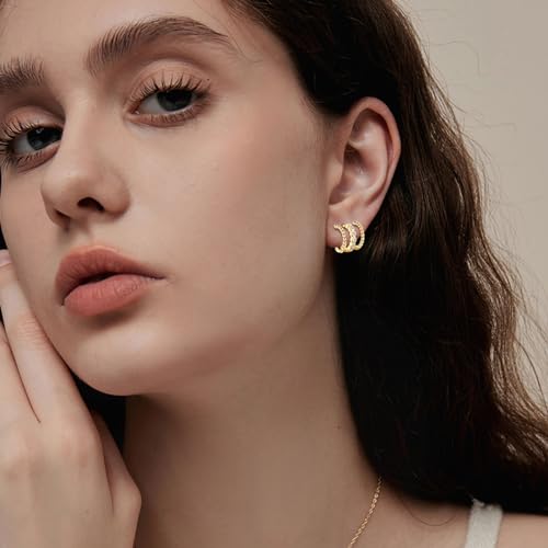 GULICX Gold Earrings for Women Trendy, 925 Sterling Silver Post Triple Hoops Illusion Stud Earrings with Cubic Zirconia, Claw Earrings Cuff for Women3