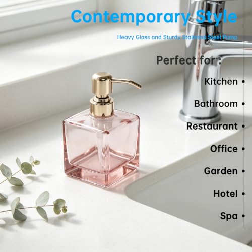 Image of Square Soap Dispenser Glass Blush Pink and Polished Gold, 8.4oz
