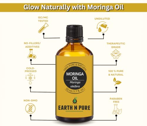 Image of Earth N Pure Moringa Oil 100% Pure & Natural Cold Pressed | for Skin, Hair & Face | Lightweight Moisturizing for Glow, Scalp & Massage | Undiluted Carrier Oil - 50ml