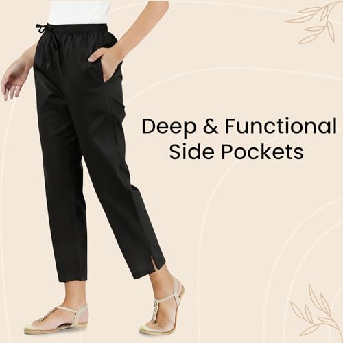 Image of Happy Bunny Parallel Pants for Women 100% Cotton Ankle Length Trousers Regular Fit with Elastic Drawstring Stylish & Pockets Casual Formal Wear for Office & Home