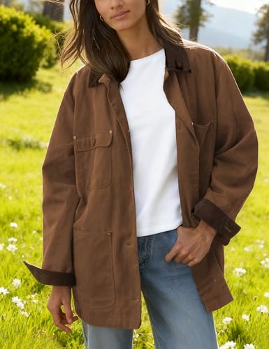 GTLIAE Barn Jackets for Women 2025 Fall Oversized Utility Cotton Coat Corduroy Collar Vintage Workwear with Pockets(Brown-L)