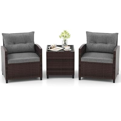 Tangkula 3 Pieces Patio Furniture Set, PE Rattan Wicker 3 Pcs Outdoor Sofa Set w/Washable Cushion and Tempered Glass Tabletop, Conversation Furniture for Garden Poolside Balcony (Grey)