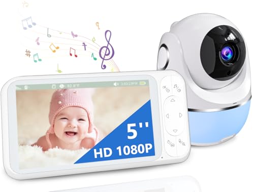 Image of 1080P 5'' Baby Monitor with 32 Hours 5000mAh Battery, Pan Tilt 4X Zoom Video Baby Monitor with Camera and Audio, Night Vision, VOX, 2-Way Talk, 8 Lullabies,1200ft Range No WiFi