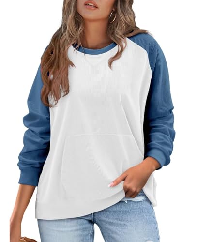 KISSMODA Women's Casual Long Sleeve Sweatshirt Color Block/Solid Crewneck Corduroy Pullover Cute Tops