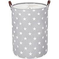 DOKEHOM 24-Inches Freestanding Laundry Basket with Lid, Collapsible Extra Large Drawstring Clothes Hamper Storage with Handle (Grey Star, XL)