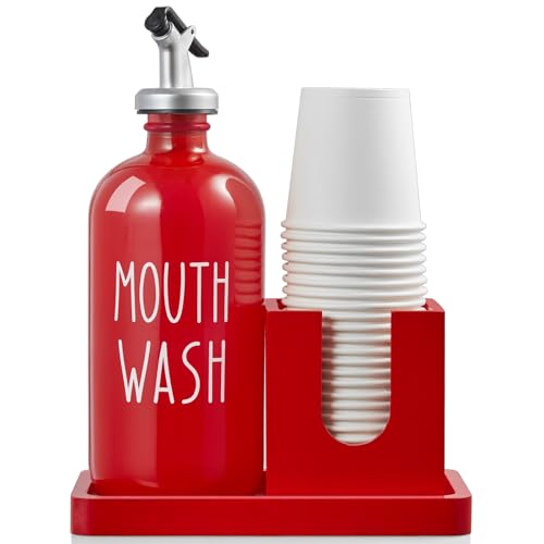 Glass Mouthwash Dispenser for Bathroom, 16 OZ Mouthwash Dispenser with Pour Spout and Wood Cup Holder and Tray, Mouth Wash Bottle Container, Red Kitchen Bathroom Decor and Accessories
