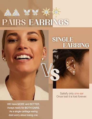 Dochais 15 Pairs Gold Earrings for Women 316L Surgical Steel Earrings Set Stud Earrings Medical Hoop Earrings for Multiple Piercing 14K Gold-Plated Helix Tragus Piercing Ear Gold Silver