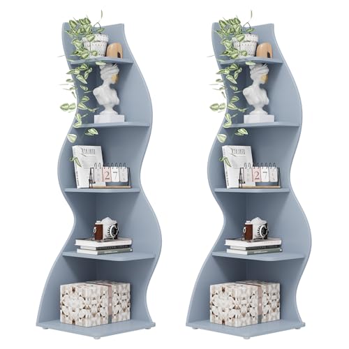 Image of Tribesigns Corner Shelf, Modern 5-Tier Wall Corner Bookshelf, Stylish Corner Small Bookcase Storage Rack Plant Stand with Unique Shape for Living Room, Home Office (Blue, 2PCS)
