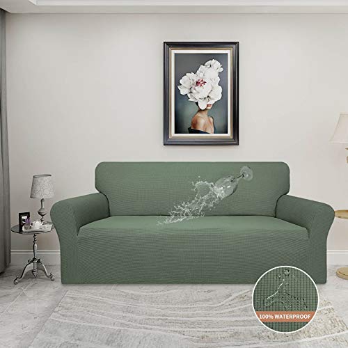 Image of Easy-Going 100% Waterproof Couch Cover, 3 Cushion Couch Slipcover for Sofa | Leakproof Sofa Cover, Stretch Jacquard Furniture Protector Against Stain Spill from Kids, Pets, Dog (Sofa, Grayish Green)