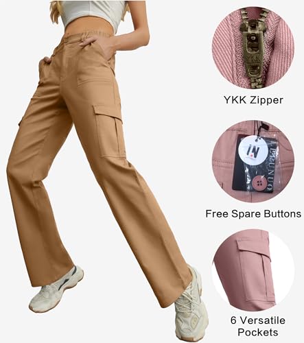 Women's Casual Mid Waist Cargo Pans Stretch Wide Leg Pants with Pockets Brown — view 4