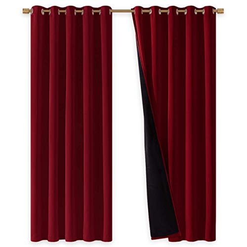 NICETOWN 100% Blackout Curtains with Black Liner Backing, Thermal Insulated Curtains for Living Room, Noise Reducing Drapes for Christmas, Burgundy Re