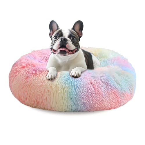 Image of JOLLYVOGUE Calming Dog Bed Medium Size Dog, Anti-Anxiety Donut Medium Pet Bed, 27 inches Fluffy Faux Fur Round Cat Bed (Rainbow)