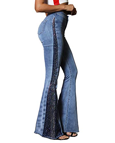 heipeiwa Women's Patchwork High Rise Flare Jeans Bell Bottom Raw Hem Denim Pants