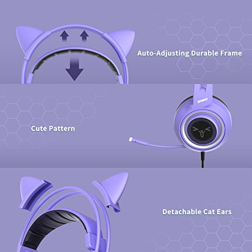 Somic G951S-PURPLE Purple Stereo Gaming Headset With Mic For Ps4, Ps5, Xbox One, Pc, Phone, Detachable Cat Ear 3.5Mm Noise Reduction Headphones Computer Gaming Headphone Self-Adjusting Gamer Headsets thumb #4