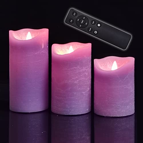 Image of iZAN 3 Pack Real Wax Flameless Candles Battery Operated LED Pillar Flickering Realistic Electric Candle Gift Sets with Remote Control and Cycling 24 Hours Timer 3 inchD X 4 inch 5 inch 6 inch H (Purple)