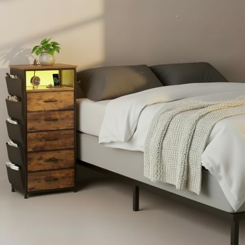 Image of EnHomee Night Stand with 5 Drawers, Dresser with Charging Station and LED Light, Tall Nightstand with Extra Side Bag & Hooks, Bedroom, Closet, Hallway, Entryway, Rustic Brown
