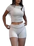 AYWA Women's Two Piece Sets Summer Slim Fitted Short Sleeve Tops Foldover Shorts Matching Lounge Sets (Light Heather Grey, Small)