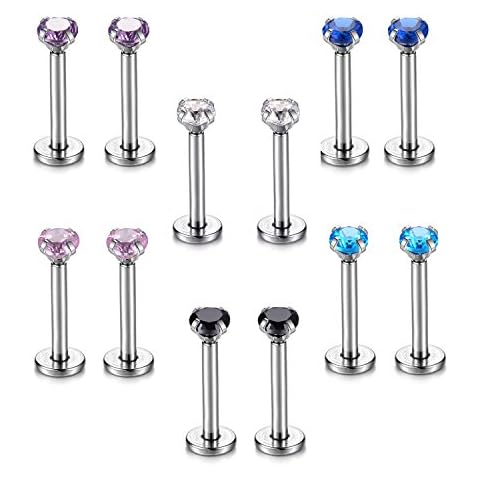 6 Set Nose Labret Lip Ear Piercings Cartilage Tragus Helix Studs Earrings 1.2MM 16G 3mm CZ 8mm Rod Cover