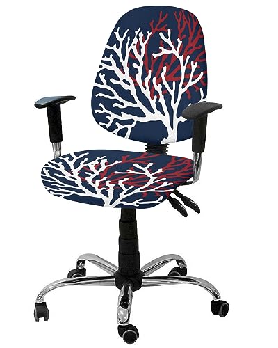Red White Coral Office Chair Cover Stretchable Computer Chair Seat Cover Backrest Slipcovers, Summer Ocean Nautical Coastal Navy Blue Stretchable Rotating Desk Chair Seat Cushion Split Protectors