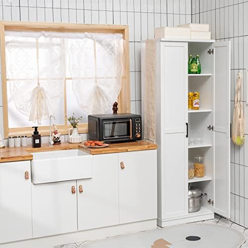 CASART Storage Cabinet, Freestanding Tall Cupboard with Adjustable Shelves & Doors, Wooden Floor Sideboard Hallway Organizer for Living Room Kitchen Entryway Bedroom (White)