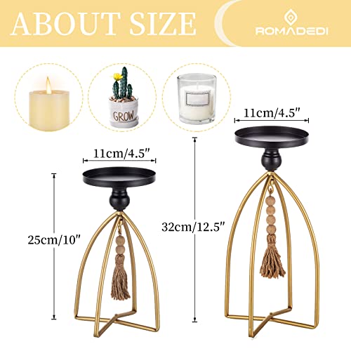 Romadedi Pillar Candle Holder Boho Decor - Set Of 2 Vintage Bead Candle Stand Decorative Black Gold Metal Farmhouse Rustic Table Centrepiece Living Room Mantle Shelf Home Deocoration #TOP4