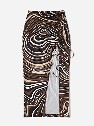 Women's Summer Graphic Print Ruched Drawstring Split Hem High Waisted Midi Skirt