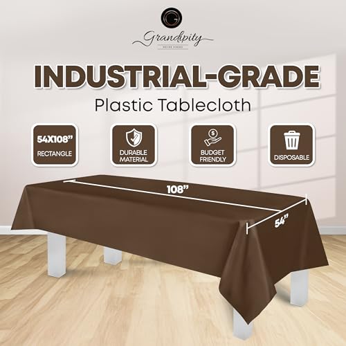 Image of Grandipity Plastic Table Cloth Disposable 12 Pack 54 inch x 108 inch Rectangle | Brown Plastic table covers, durable disposable tablecloths, fade and tear-resistent table cover for party, event