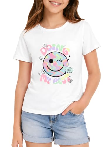 Image of Dvenki Girls Graphic Short Sleeve Crewneck T-Shirt Sizes 6-18 | breathable soft cotton blend, cute graphic prints, summer little and big girls tee, ideal casual wear for school, daily