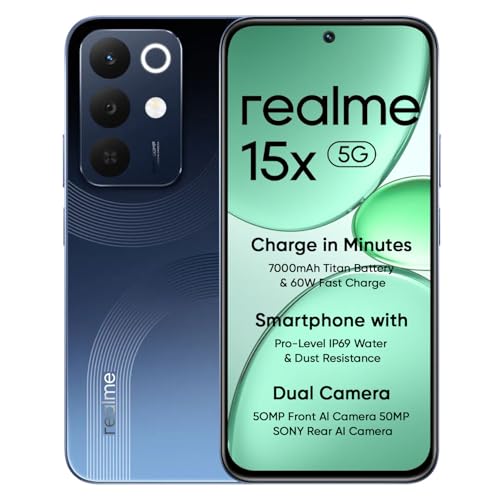 realme 15X 5G Smartphone 8+256GB, 6.8-inch Screen, 144Hz Display,7000mAh Battery, 60W Fast Charging, 50+50MP AI Camera,Dimensity 6300 6nm Octa-core chipset Processor, IP69, Marine Blue realme 15X 5G Smartphone 8+256GB, 6.8-inch Screen, 144Hz Display,7000mAh Battery, 60W Fast Charging, 50+50MP AI Camera,Dimensity 6300 6nm Octa-core chipset Processor, IP69, Marine Blue