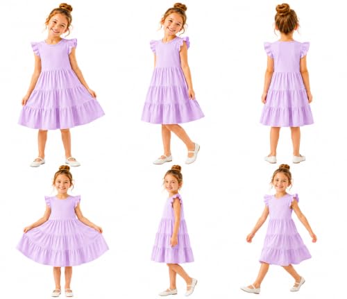 Image of HILEELANG Girls Cotton Tiered Dress Flutter Ruffle Sleeve Summer Swing Sundress Birthday Party Casual Outfit Colorblock 2-12Y