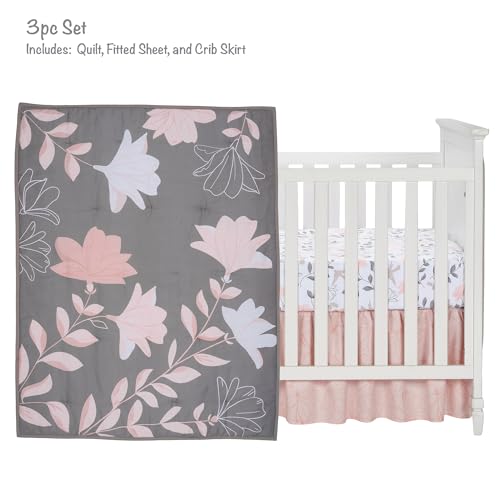 Image of Lambs & Ivy Petals Gray /Pink Sateen Cotton Floral 3-Piece Baby Crib Bedding Set