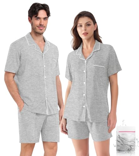 Matching Pajamas for Him Her Short Sleeve Couple Sleepwear Button Down 2 Pcs Pjs Sets Loungewear,Light Grey-S