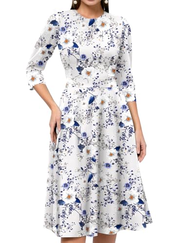 Image of Simple Flavor Women's Floral Vintage Dress Elegant Midi Evening Dress 3 /4 Sleeves