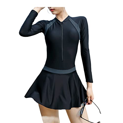 BEACHKINI Einteiliger Badeanzug für Frauen mit Frontreißverschluss,Badeanzug mit Rock,Surfing Badebekleidung,Rash Guard,schwarz grau,XS Cover