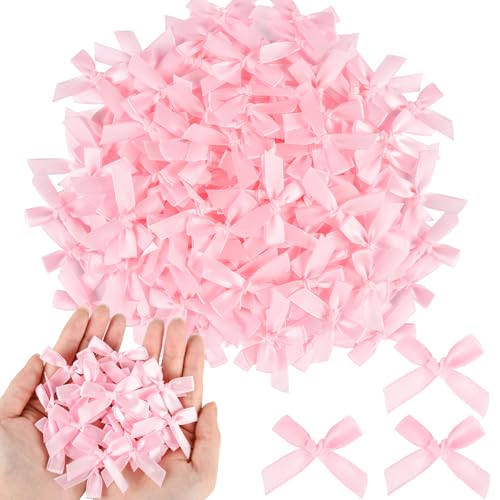 NEBURORA 100 Pcs Mini Pink Satin Fabric Ribbons Bows with Dot Stickers